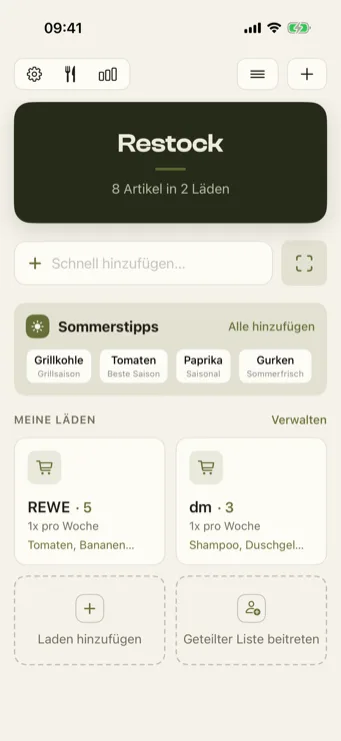 Restock Startseite mit Läden-Karten und Schnell-Hinzufügen