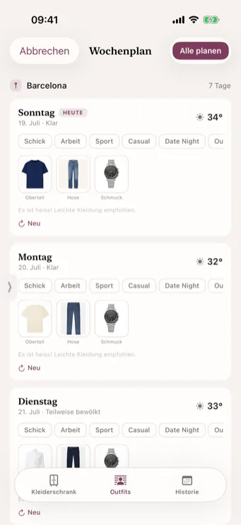 Dresslyst Wochenplan mit vorausgeplanten Outfits für 7 Tage