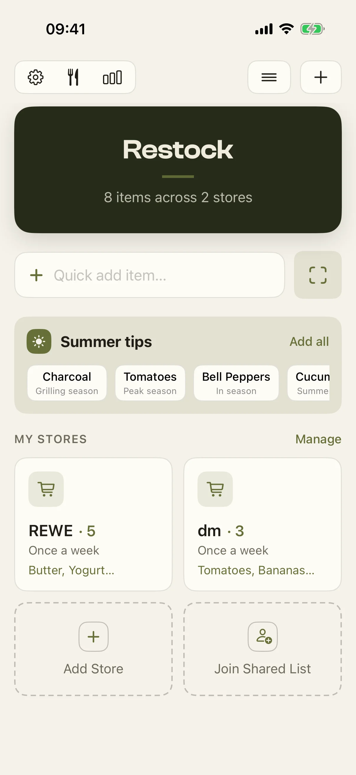 Restock home screen with stores and quick-add