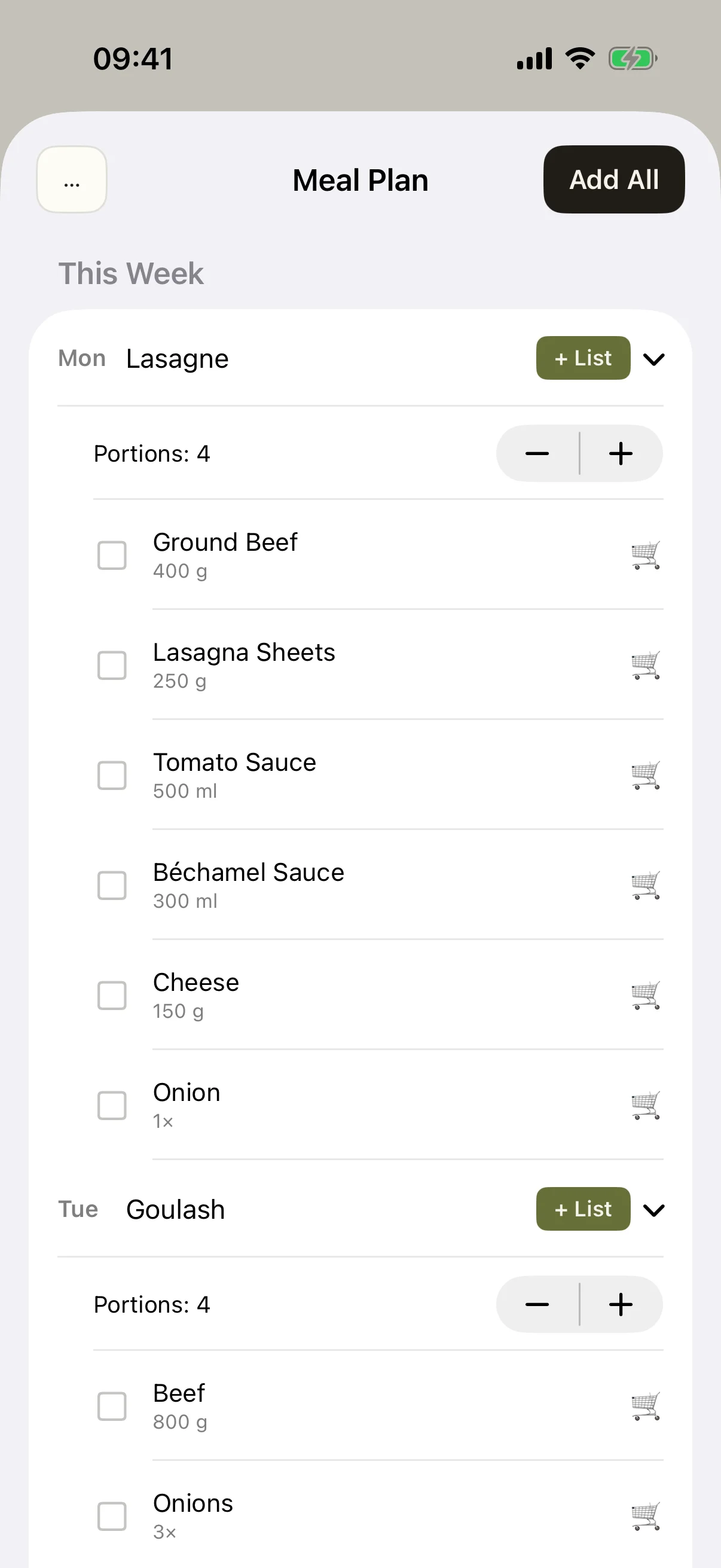 Restock meal plan with planned days (lasagna, goulash) and automatically recognized ingredients