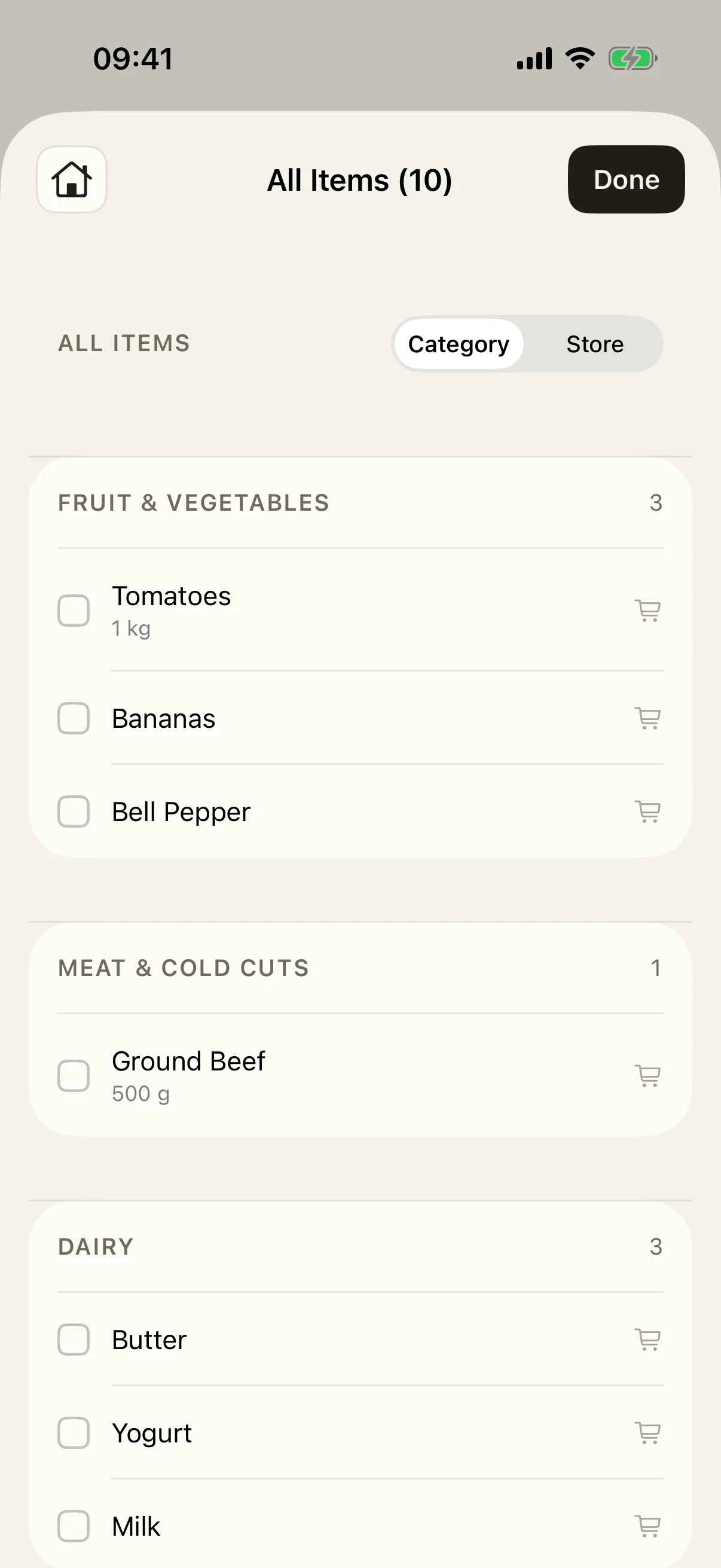 Restock full list grouped by category: Fruit & Vegetables, Meat & Deli, Dairy — with a switch to the store view