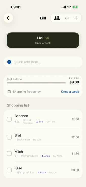 Restock shopping list with items assigned to specific people (Anna, Tom)