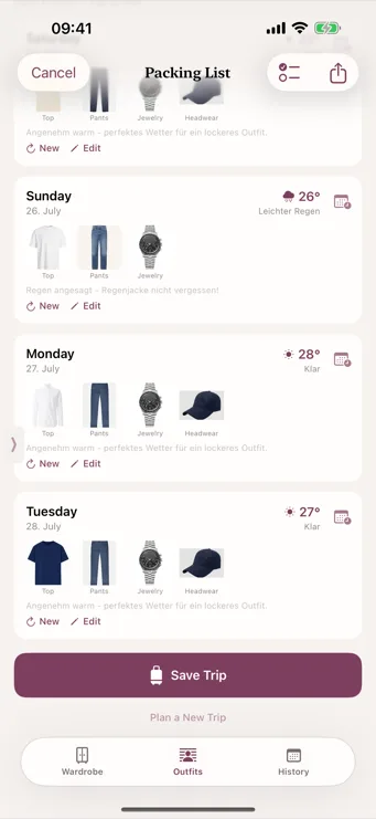 Dresslyst packing list for a planned trip to Barcelona