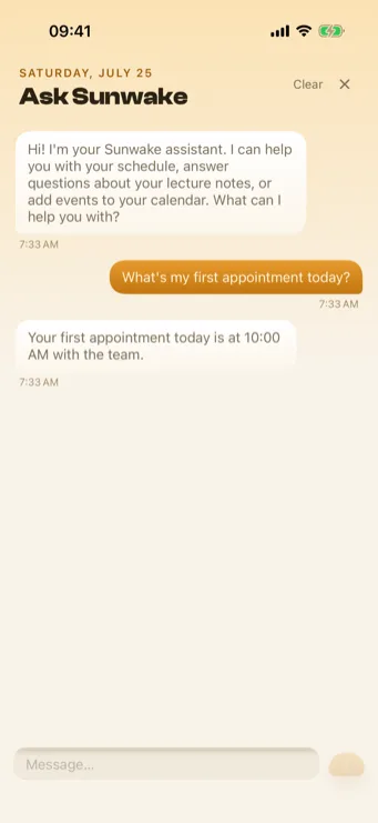 Sunwake AI chat with an answer about the first meeting