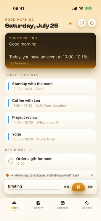 Sunwake reading the briefing aloud, with playback controls