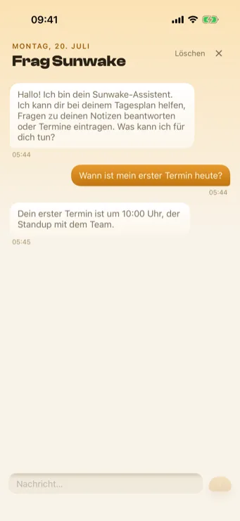 Sunwake KI-Chat mit Antwort zum ersten Termin