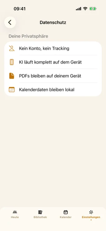 Sunwake Datenschutz-Ansicht: kein Konto, KI läuft komplett auf dem Gerät